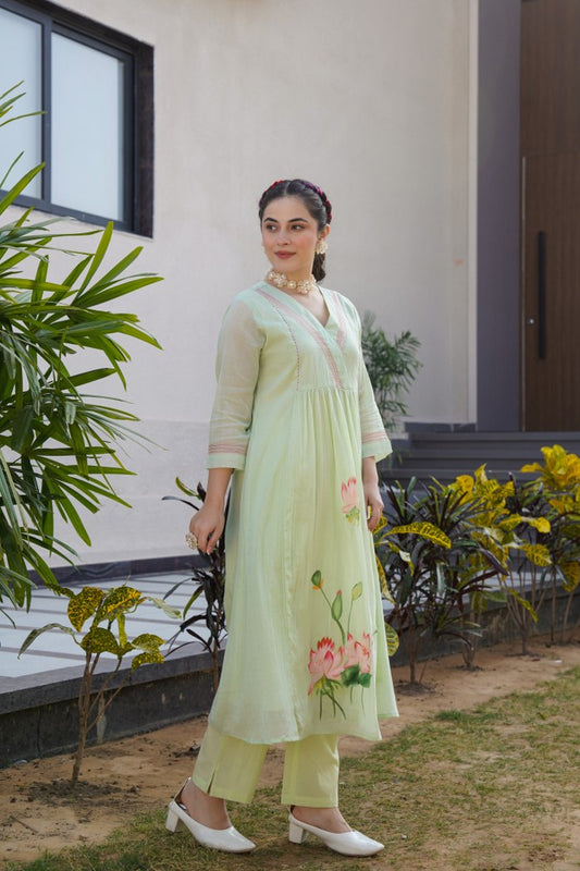 Garden Whisper: The Hand-Painted Lotus Kurti Set