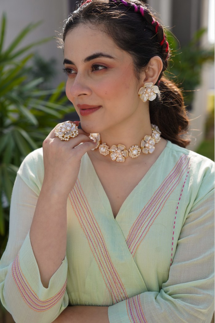 Garden Whisper: The Hand-Painted Lotus Kurti Set