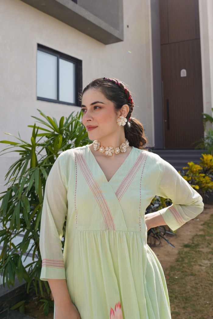 Garden Whisper: The Hand-Painted Lotus Kurti Set