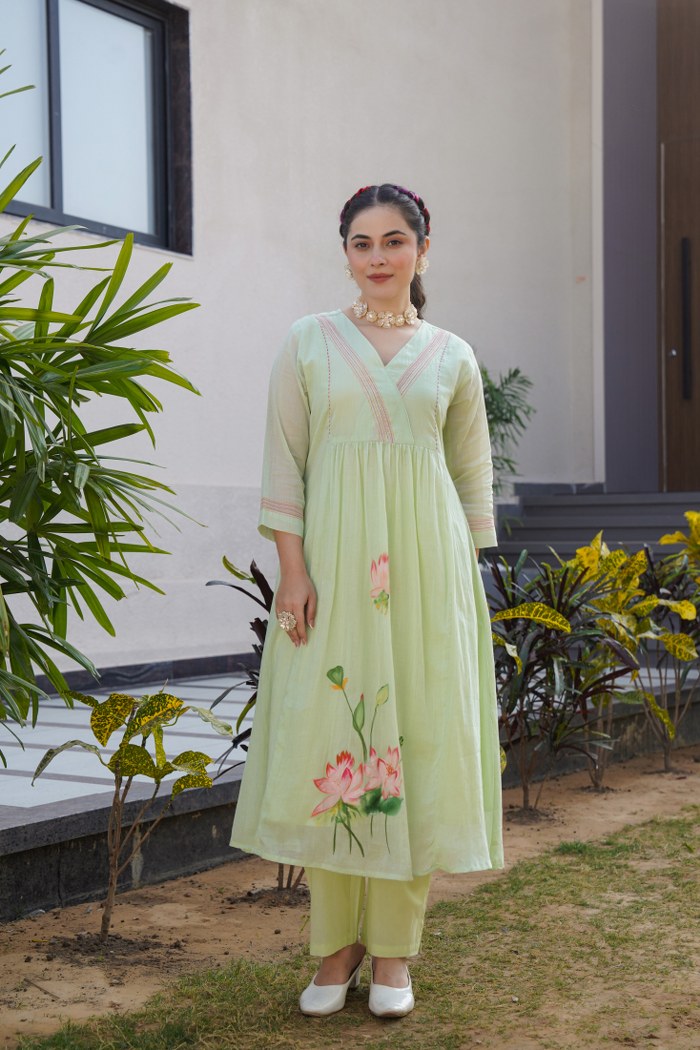 Garden Whisper: The Hand-Painted Lotus Kurti Set